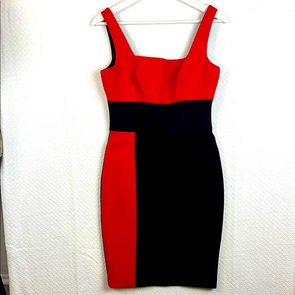 FAUSTO PUGLISI Red / Black Colorblock Wool Blend Sheath Dress Sleeveless Sz. 42